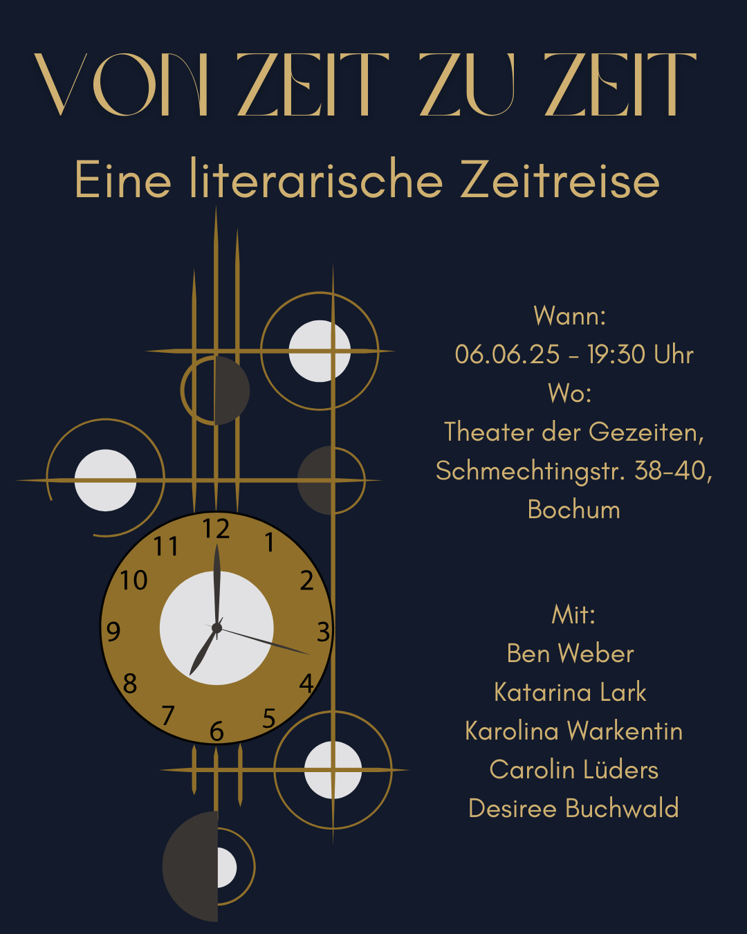 Sharepic zur Lesung "Von Zeit zur Zeit". Eine stilisierte Uhr auf dunklem Hintergrund.